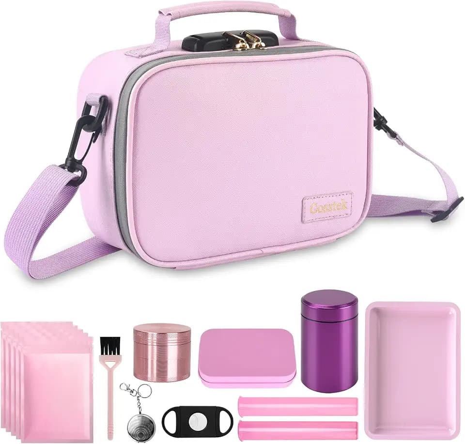 Gosstek Medium Size Leather Travel Storage Bag With 10 PCS Toolds, Multi-Use Organization Box Case with Lock, Great Gift for Women, Food Container. Pink