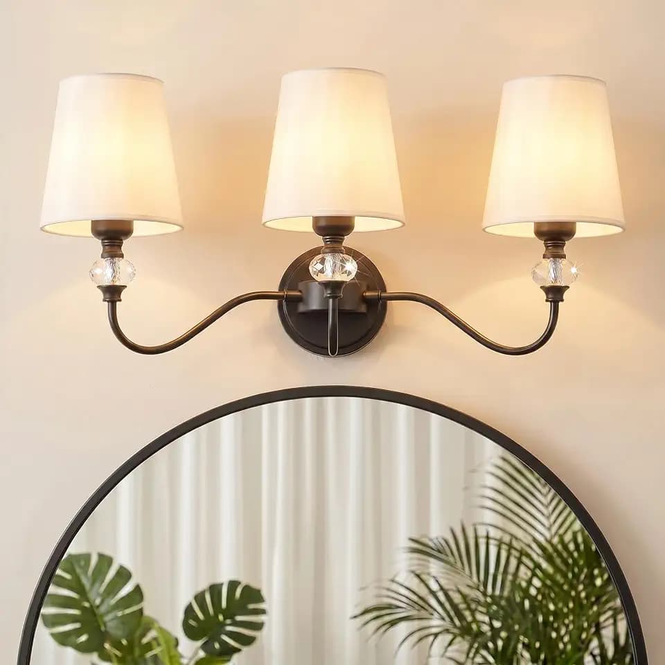 3-Light Bathroom Vanity Light Fixtures Over Mirror, Black Vanity Lights with White Fabric Shades & Crystal Accent, Modern Luxury Vintage Bathroom Wall Sconce Lighting, E26 Base