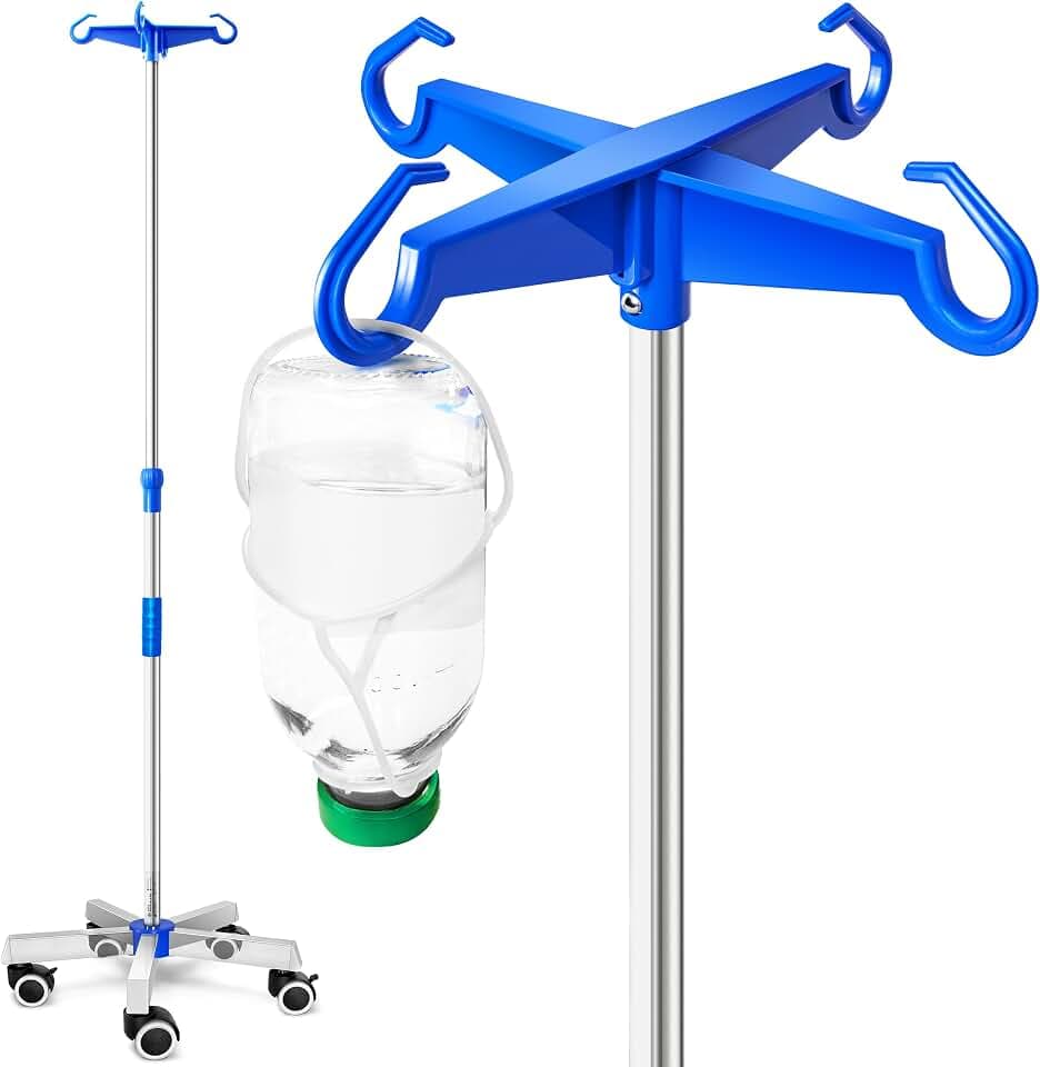 AIESI® Infusionsständer aus EDELSTAHL mit 4 Kunststoffhaken und drehbaren Rädern mit Bremse, Gratis 2 Flaschenhalter 100 ml, Garantie 24 monate