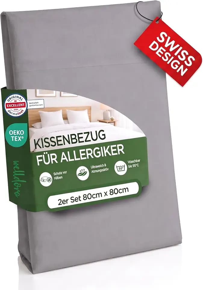 Welldora Milbenbezug Kissen 80x80, Grau, Premium Encasing, 2er Set