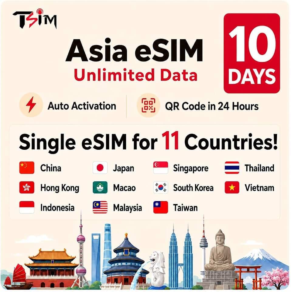 Asia eSIM 11 Countries | 10 Days Unlimited Data in China, HK, Indonesia, Japan, Macao, Malaysia, Singapore, South Korea, Taiwan, Thailand, Vietnam | Get QR Code in 24 Hours | Auto Activation
