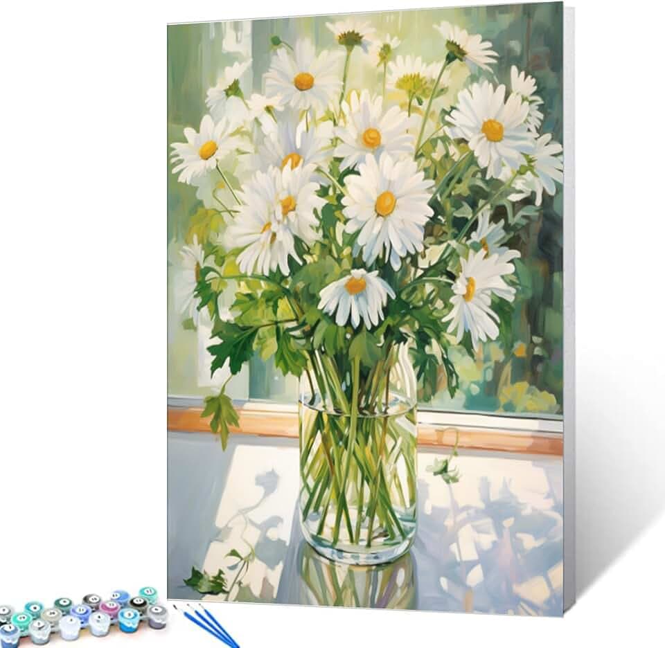 Tucocoo White Daisy DIY Paint by Numbers for Adults White Flowers with Green Leaves in Vase DIY Oil Painting Kits Canvas with Acrylic Paint Floral Plant Art 16x20 Inch (DIY Frame )