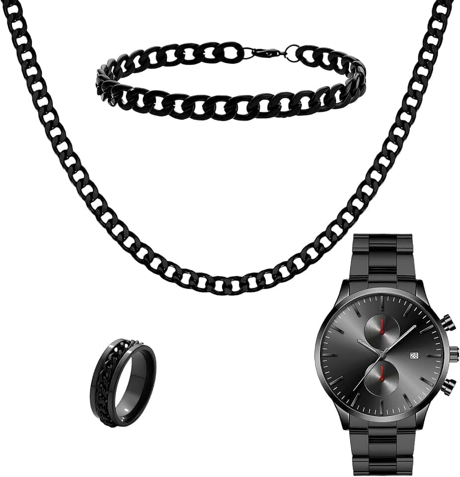 NEWITIN 4 Pieces Black Jewelry Set for Men Stainless Steel Watch Necklace Bracelet Ring Fashion Black Wristwatch Cuban Link Chain Cuban Jewelry Set for Men