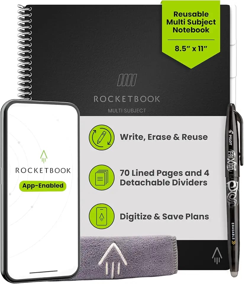 Rocketbook Multi-Subject Reusable Smart Notebook, Letter 8.5x11, Black