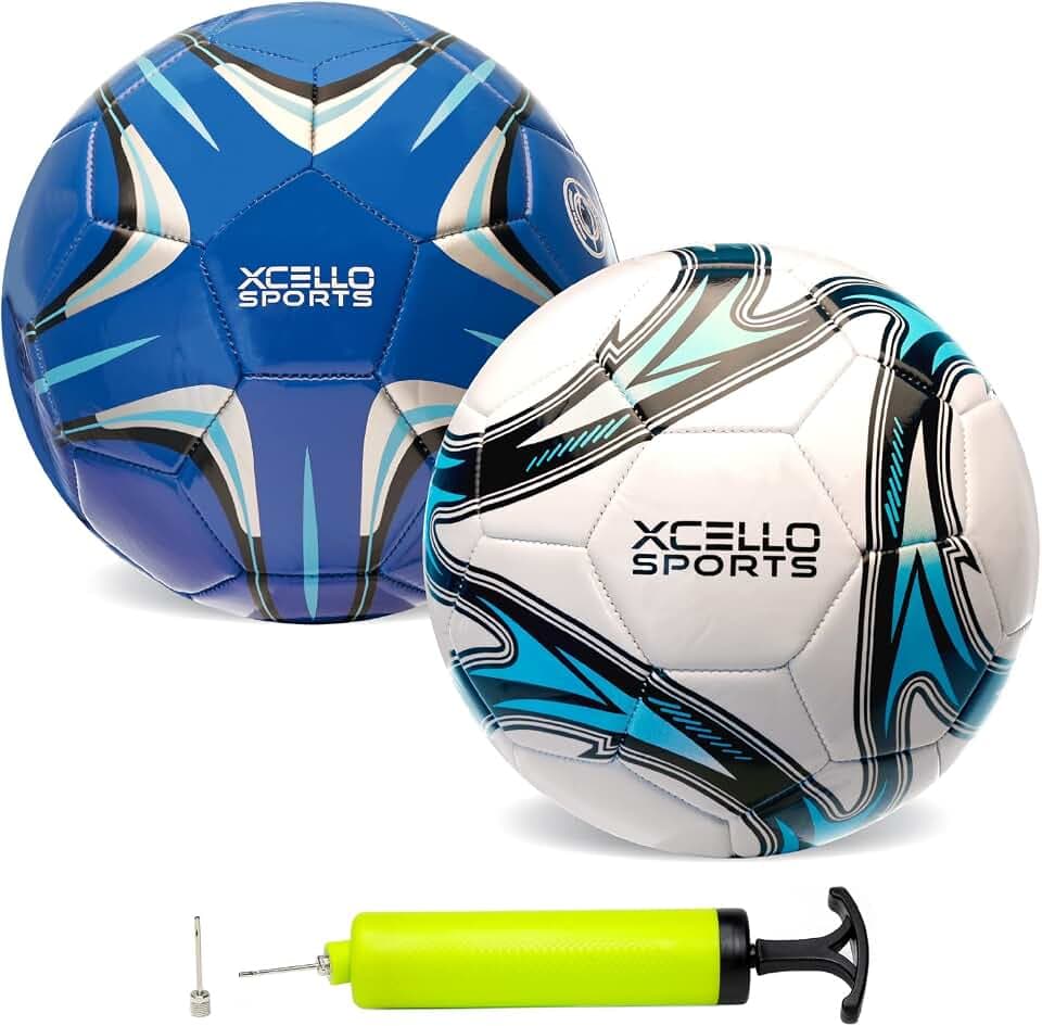 Xcello Sports Size 5 Soccer Ball 2 Pack (Blue/Silver, White/Blue) w/Pump