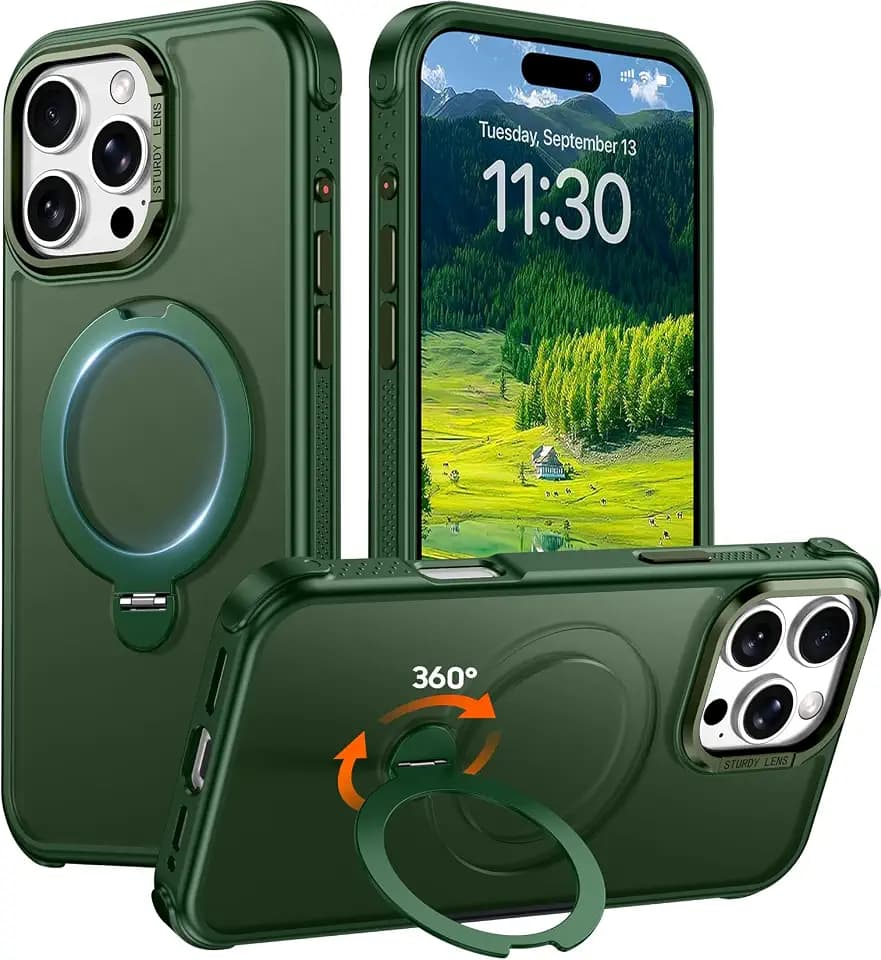 Red2Fire Compatible with iPhone 16 Pro Max Case with Stand Magnetic 360° Spin O-Ring Kickstand, Translucent Matte Military-Grade Phone Case 6.9 inch, ForestGreen