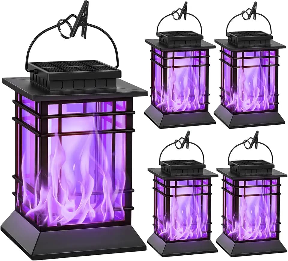 Brightever Solar Lantern Flame Lights, 4-Pack Hanging Solar Lights for Outside with Clip, Solar Lantern Lamps for Backyard Garden Decor, Purple