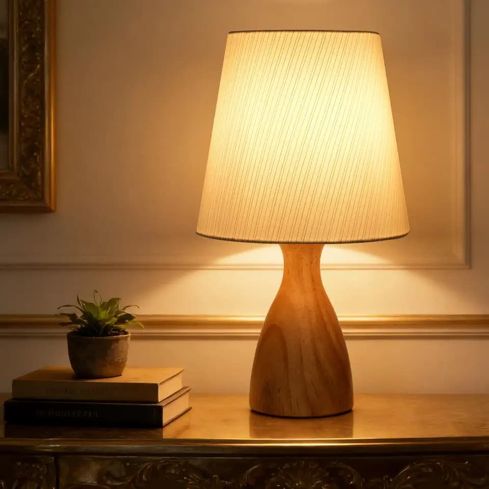 Nachttischlampe Tischlampe Holz, E14 Fassung mit 3000K LED-Birne, Beige Leinenlampeenschirm mit goldenen Streifen, Vintage Tischleuchte für Schlafzimmer Wohnzimmer Büro Geschenk