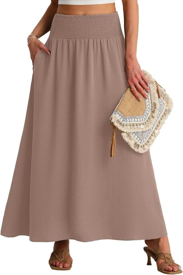 QIXING Damen Sommerrock Lang A-Linie Smocked Hohe Taille Swing Plisseerock mit Taschen Boho Maxirock