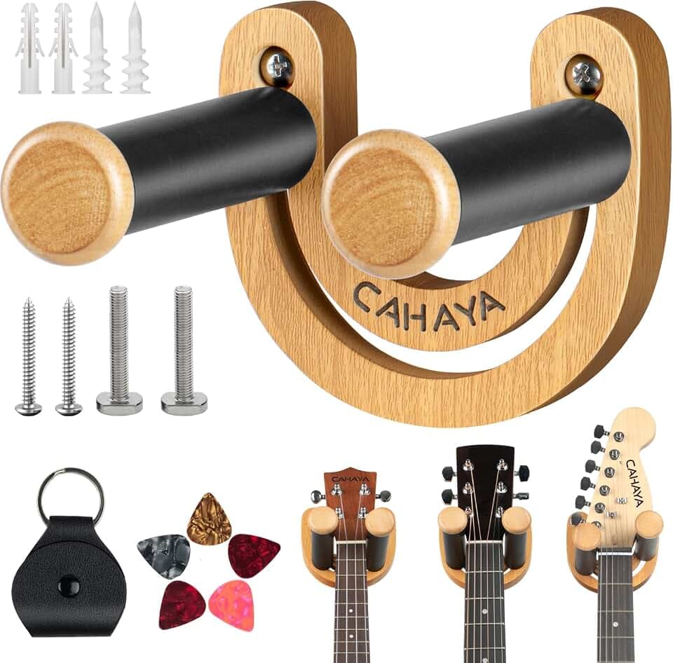 CAHAYA Gitarren-Wandhalterung mit verstellbarem U-förmigem Haken mit 5 Plektren und 1 Plektrentasche für Akustik-E-Bass-Banjo-Ukulele-Mandoline CY0297