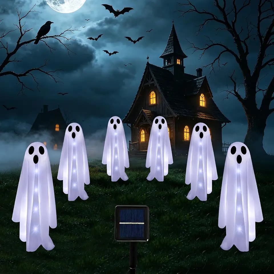 6-Pack Halloween Solar Lights with 8 Lighting Modes - Light Up Ghost Decorations for Outdoor, Scary Ghost Party Gifts, Halloween Ghost Path Lights in Cool White