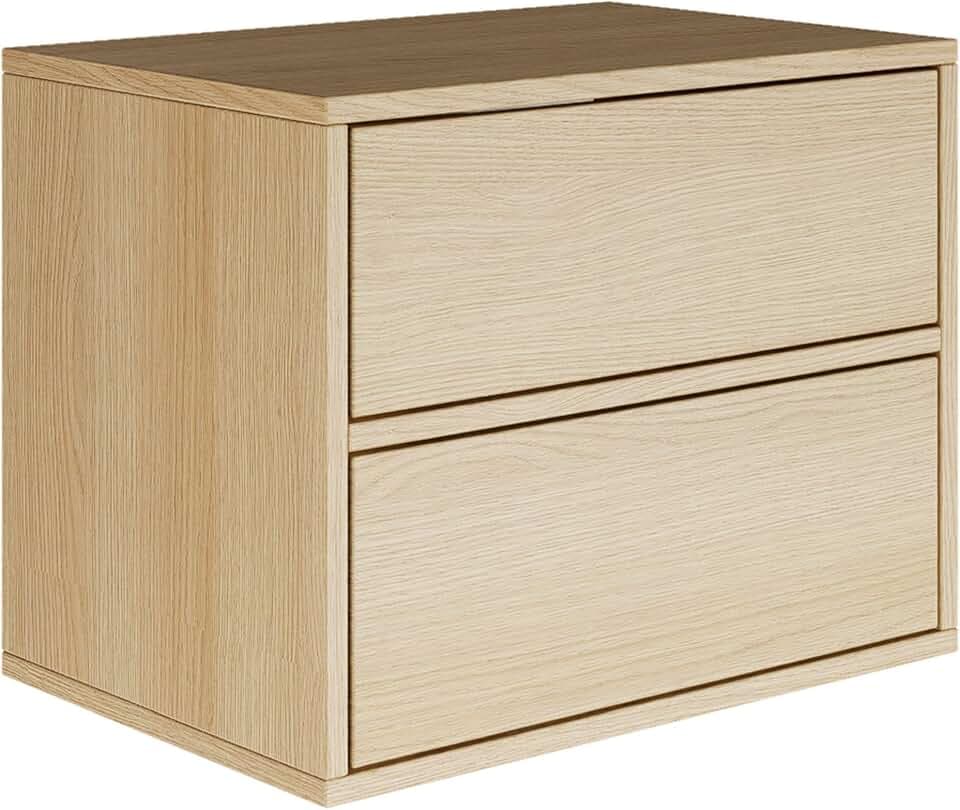 Selsey Nachttisch Hängend Schwebender Lindberg-Eiche Farbe 50B x 36T x 40H cm Nachtschrank mit Zwei Schublade in Minimalistischer - Push-to-Open- Skandinavischen Framme Platzsparend Wandmontage