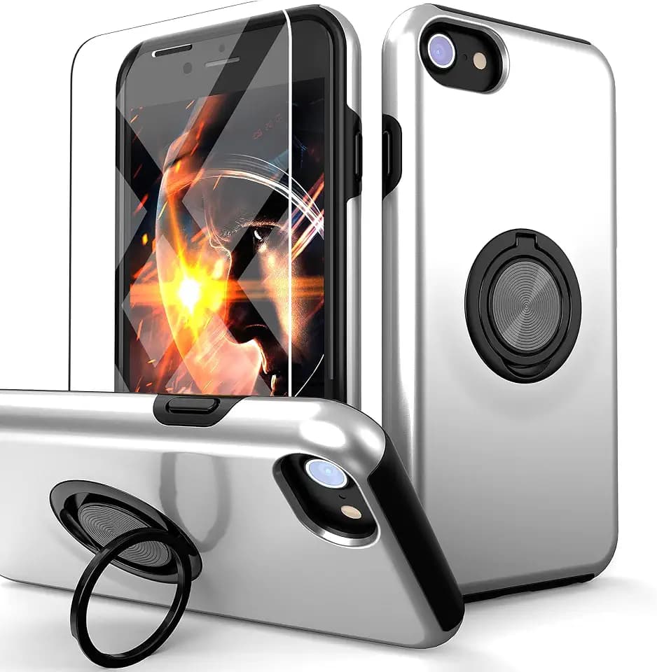 for iPhone SE 2020/2022 Case with Tempered Glass Screen Protector, Hybrid Protective Slim Fit Case with Invisible Magnetic Ring Kickstand, Silver