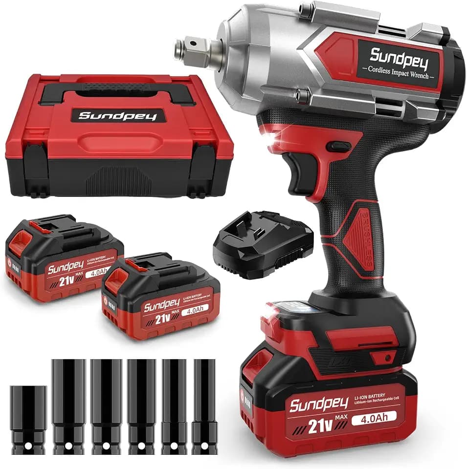 Sundpey 1200Nm Akku Schlagschrauber 8000mAh - 1/2 Bürstenloser Schlagschrauber Akku mit 2 * 4.0Ah Li-Ion Akkus, 6 Stecknüsse, 21V 2600RPM Impact Wrench für Auto und Hausgebrauch