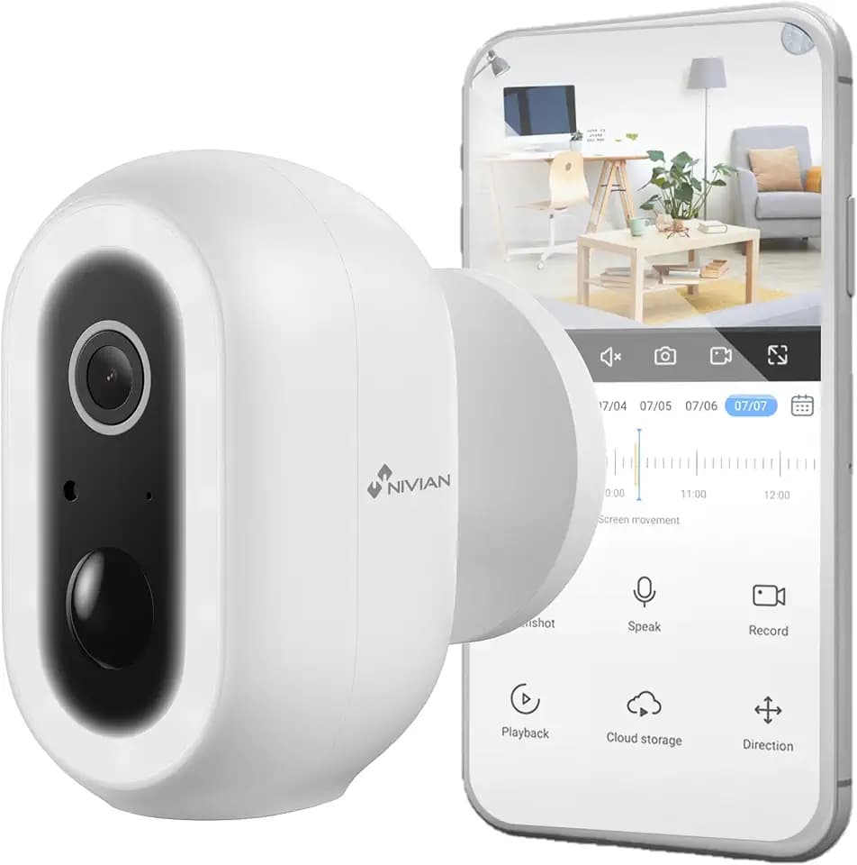 NIVIAN WLAN-Überwachungskamera für den Außenbereich, 2K, mit Akku, PIR-Sicherheitskamera mit menschlicher Erkennung, Farbnachtsicht, bidirektionales Audio, Sirene und LED, App Smart 04-Bat