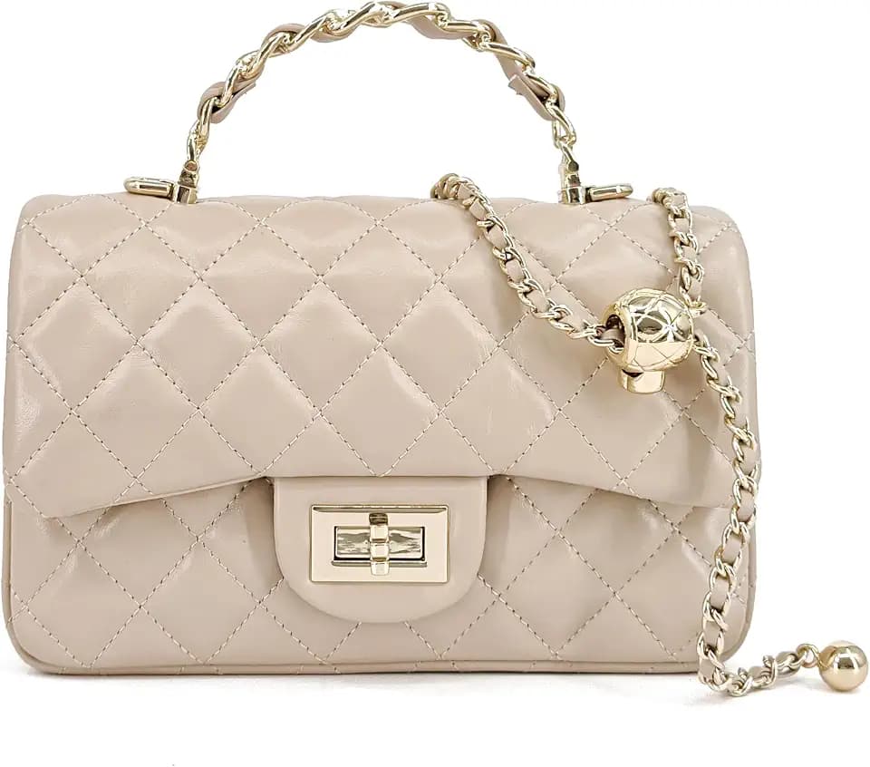 M-ioi-M Small Quilted Leather Flap Crossbody Bag with Gold-Tone Handle