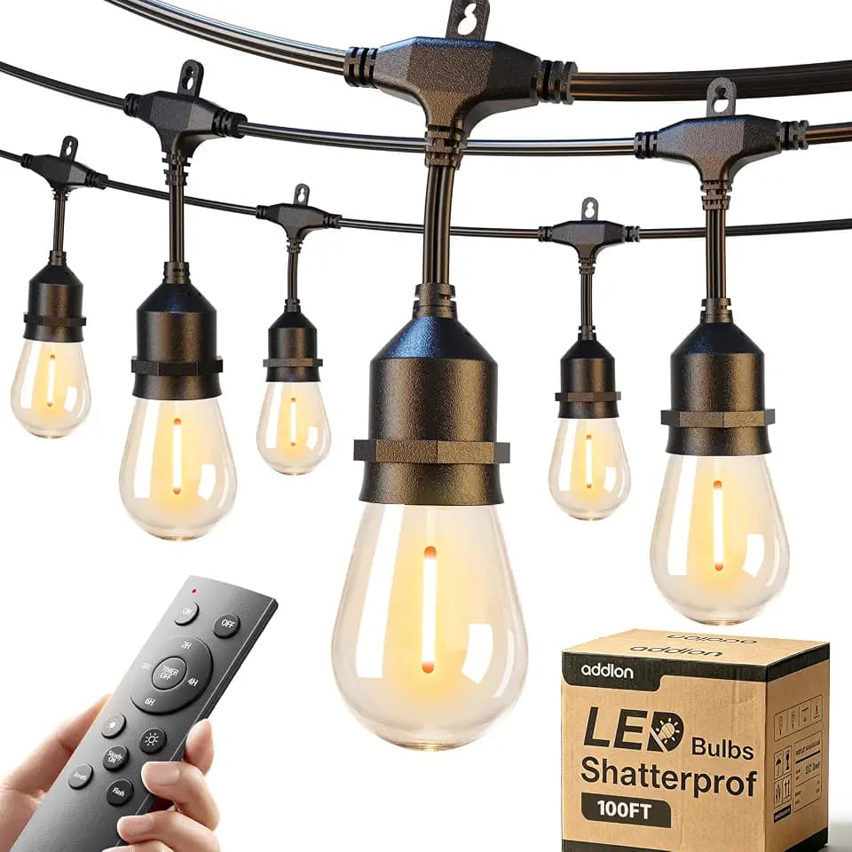 addlon 100FT Outdoor String Lights with Remote Dimmable Waterproof Patio