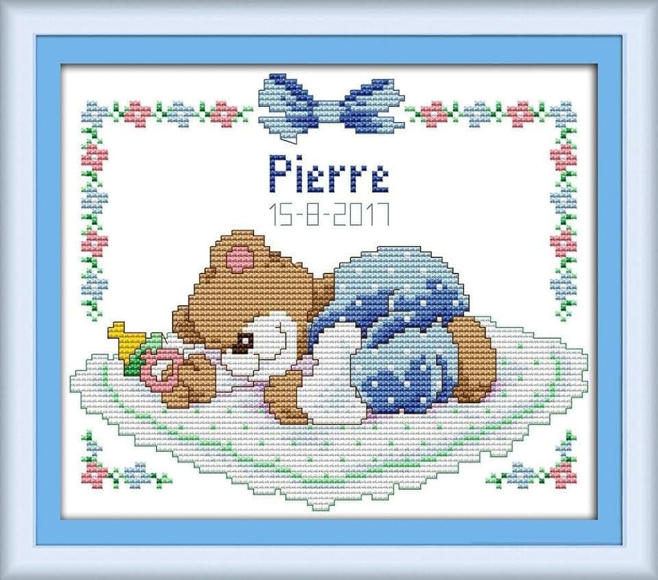 CaptainCrafts Cross Stitch Kits Stamped Cross Stitch Kit Printed 11CT Fabric Cross Stitching DIY Art DMC Needlecrafts Embroidery Kit for Adults Beginner (Stamped, Sleeping Baby Bear (Blue))