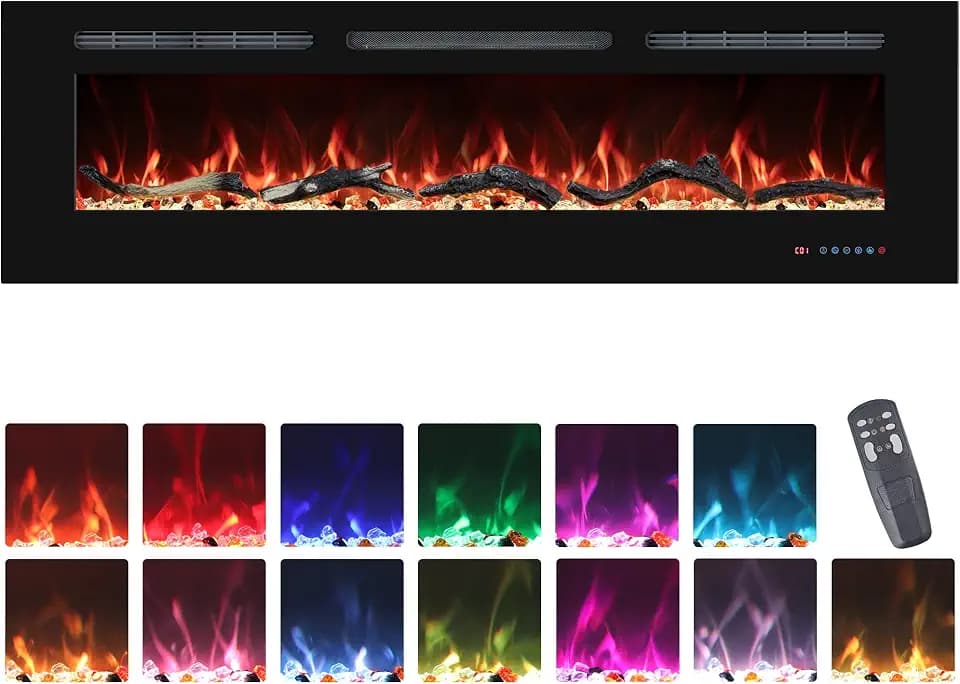 50" Electric Fireplaces Inserts, Recessed & Wall-Mounted Fireplace Heater with Thermostat, Multicolor Flames,Timer, Log & Crystal, 750/1500W