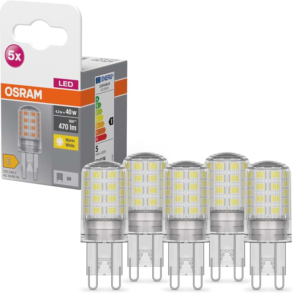 Osram Star PIN LED-Lampe für G9-Sockel, klares Glas,Warmweiß (2700K), 470 Lumen, Ersatz für herkömmliche 40W-Ersatz, Leuchtmittel, nicht dimmbar, 5-er Pack