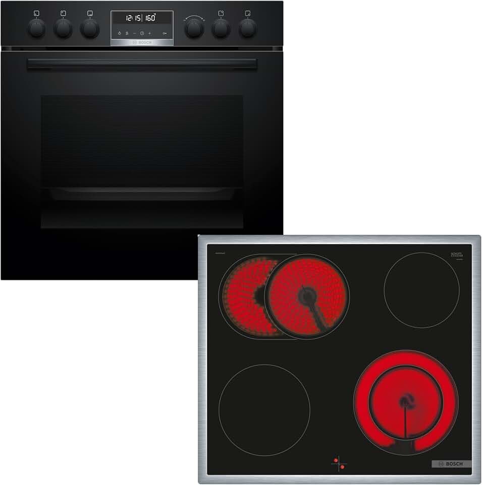 Bosch Einbauherd-Set HND671LS67, Serie 6 Einbau-Herd 60 cm, Pyrolyse-Selbstreinigung und Backwagen HEB578BB3, Serie 4 Elektro-Kochfeld 60 cm mit Bräterzone, Herdgesteuert, Made in Germany NKN645GA2E