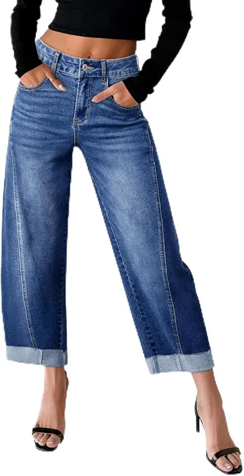 Sidefeel Barrel Jeans for Women High Waisted Wide Leg Baggy Stretchy Trendy Raw Rolled Hem Capri Cropped Ankle Denim Pants