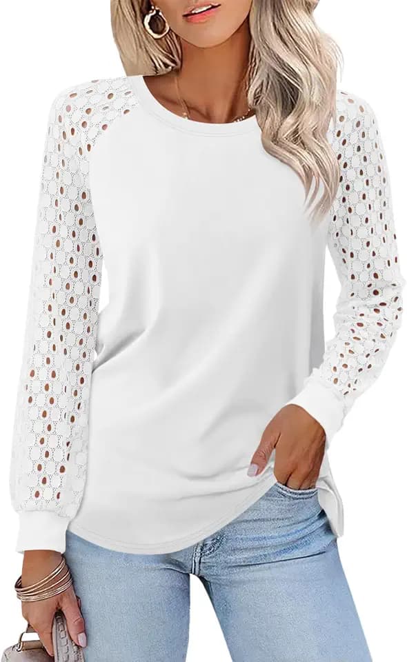 Minetom Womens Lace Tops Long Sleeve Shirts Dressy Casual Blouses Trendy 2026 Fall Puff Sleeve Tunic Fashion Clothes