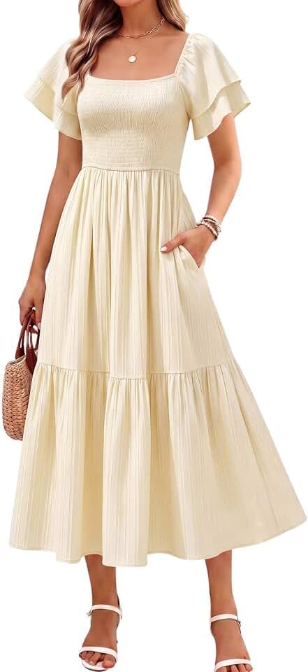 Women's Summer Midi Dress Short Sleeve Square Neck Off Shoulder Ruffle Elastic High Waist Vacation Dress with Pockets
