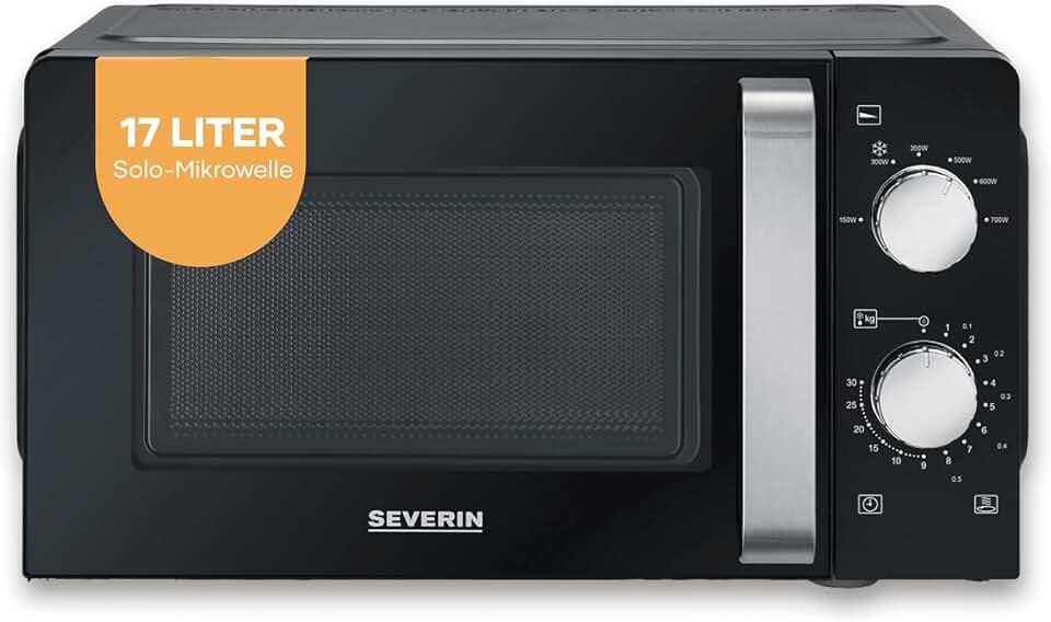 Severin Mikrowelle Solo, zum Auftauen und Erhitzen, Mikrowellengerät mit Drehteller für gleichmäßige Wärmeverteilung, 17L, Schwarz / Edelstahl, MW 7886