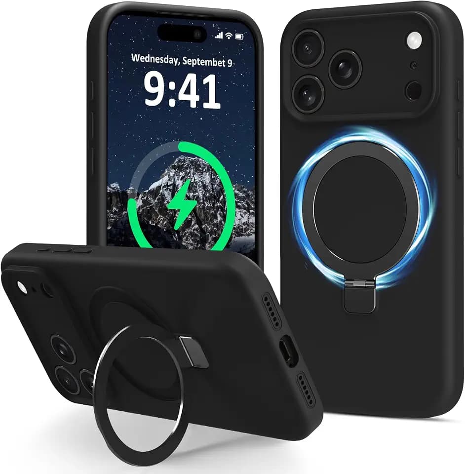for iPhone 17 Pro Max Case Liquid Silicone with Stand, Black
