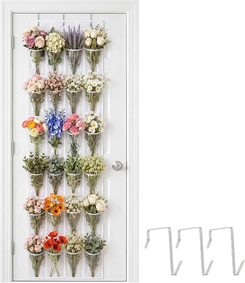 Tudomro Artificial Flower Storage Organizer 65 x 19.1 Inch Hanging Flower Storage Bag Reusable Flowers Bag Holder Over Door Florist Display Stand Nonwoven PVC Basket with Pockets Hooks for Wedding