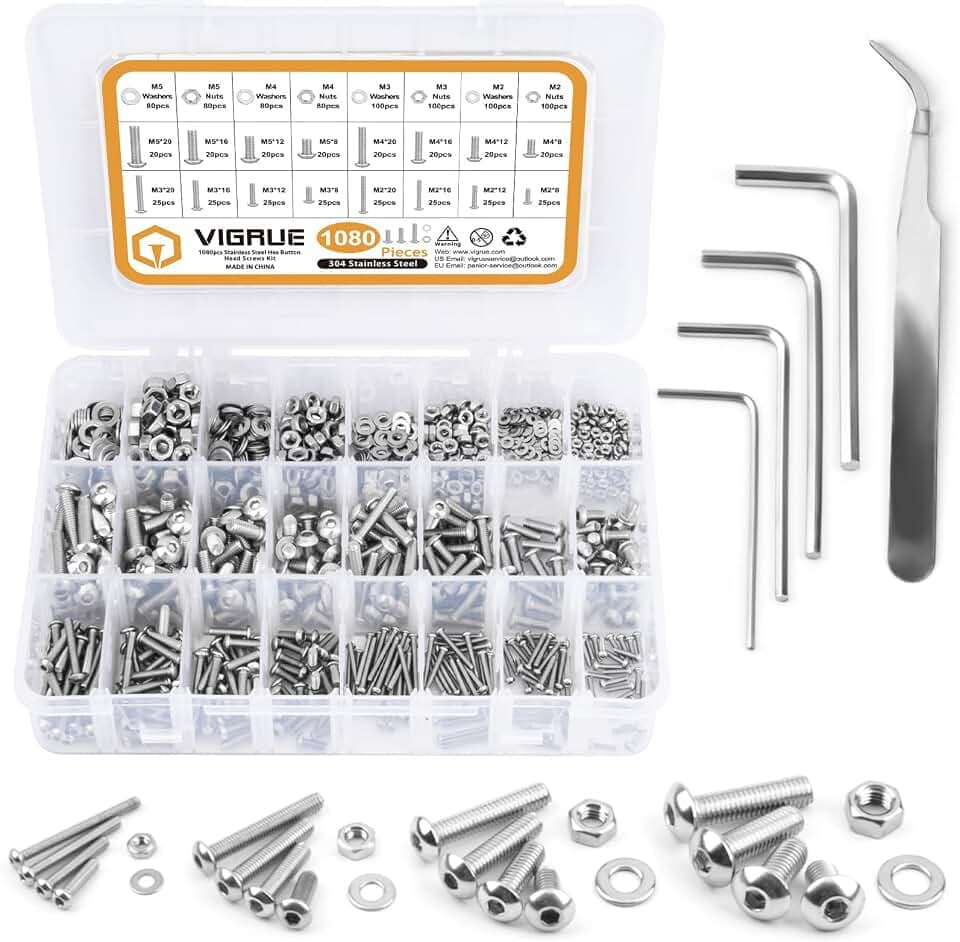 VIGRUE 1080PCS M2 M3 M4 M5 Schrauben Set A2-70 Edelstahl-Sechskopf-Knopf Schraube Edelstahlschrauben Innensechskant Maschinenschrauben Muttern und Unterlegscheiben Sortiment mit Schraubenschlüssel