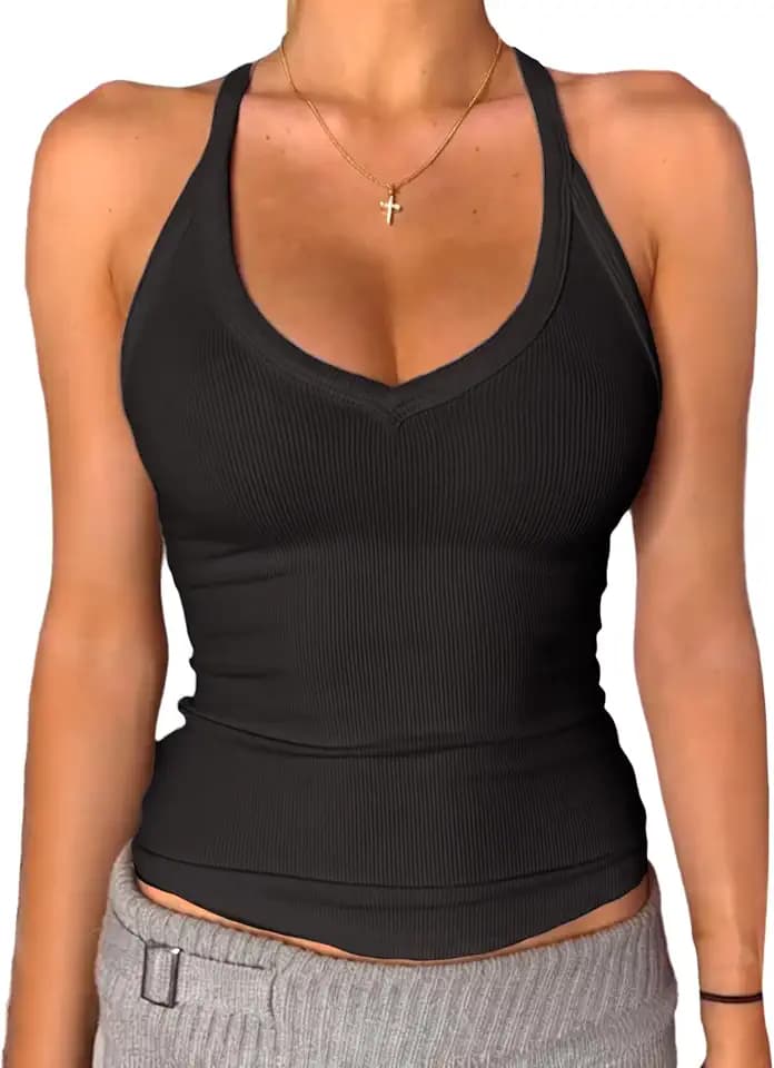 Danysu V Neck Racer Back Tank Tops for Women Padded Fitted Long Basic Cami