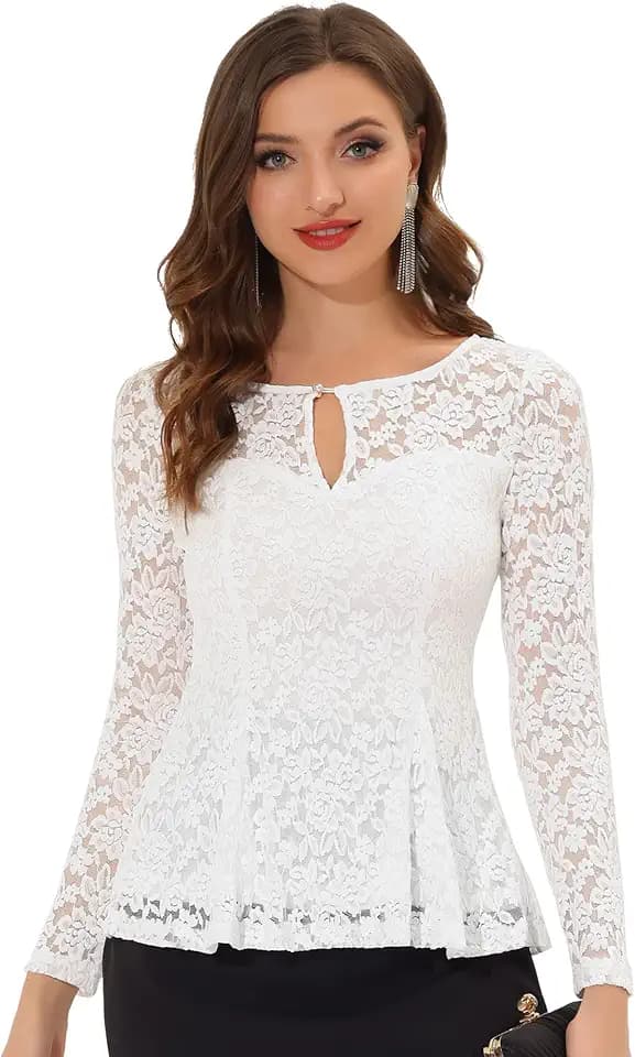 Allegra K Women's Dressy Top Formal Wedding Guest Long Sleeve Lace Peplum Blouse