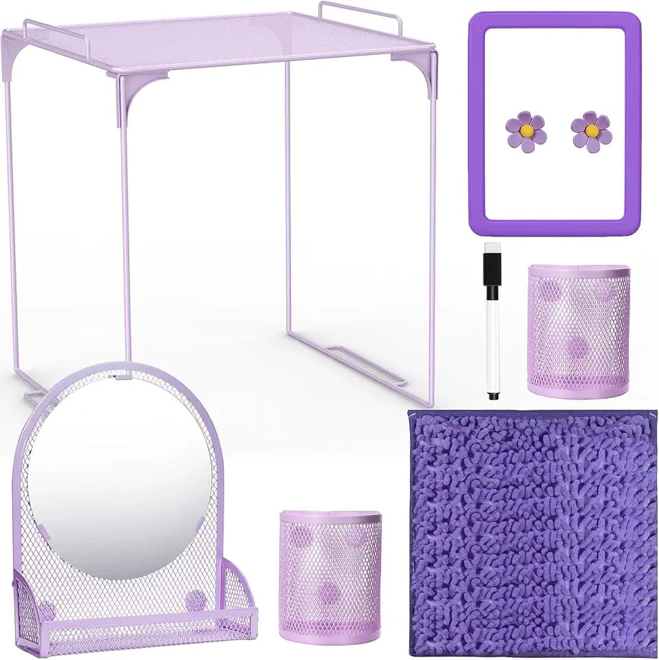 9 Pcs Locker Organizer Kit Includes Locker Shelf Rug Magnetic Mirror Pen Holder Whiteboard with Marker and Nails Locker Decoration for Back to School Supplies (Purple)