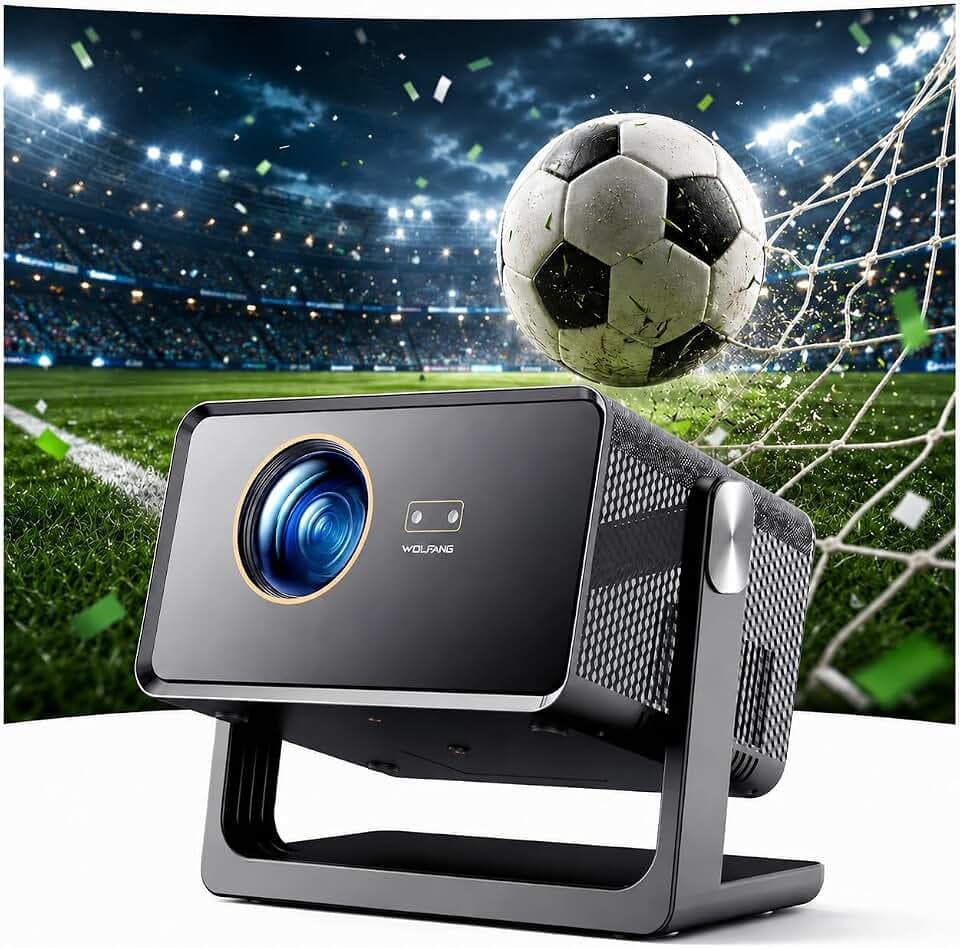 WOLFANG Mini Beamer 4K【Netflix Official & Autofokus/Trapezkorrektur】, 28000 Lumen WiFi 6 Smart Projektor mit Bluetooth, Beamer Heimkino mit 180° Ständer für 300-Zoll-Display/iOS/Android/Outdoor