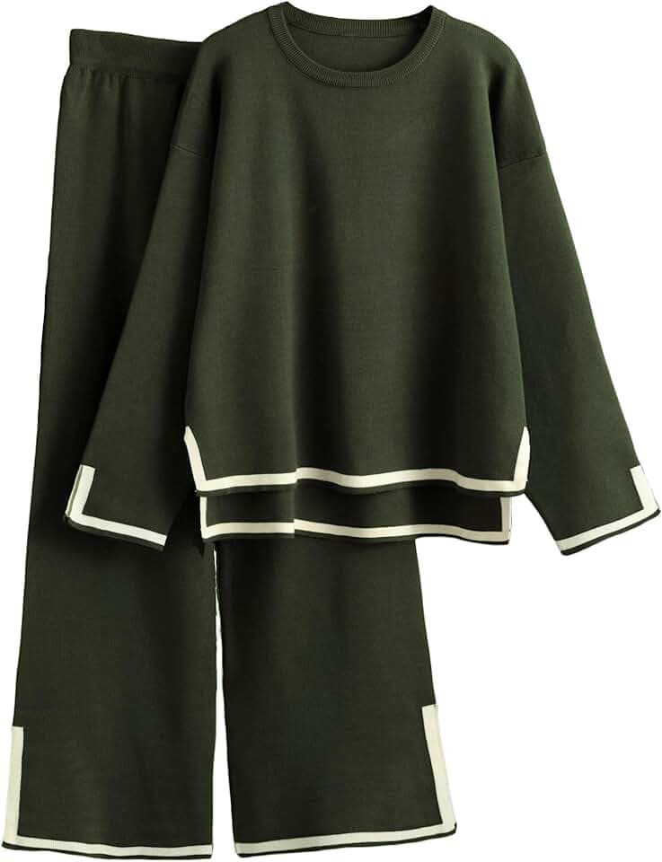 Famulily Damen-Trainingsanzug, Farbblock, langärmelig, Strickpullover, Oberteil und Hose mit weitem Bein, Loungewear-Set, S-XL