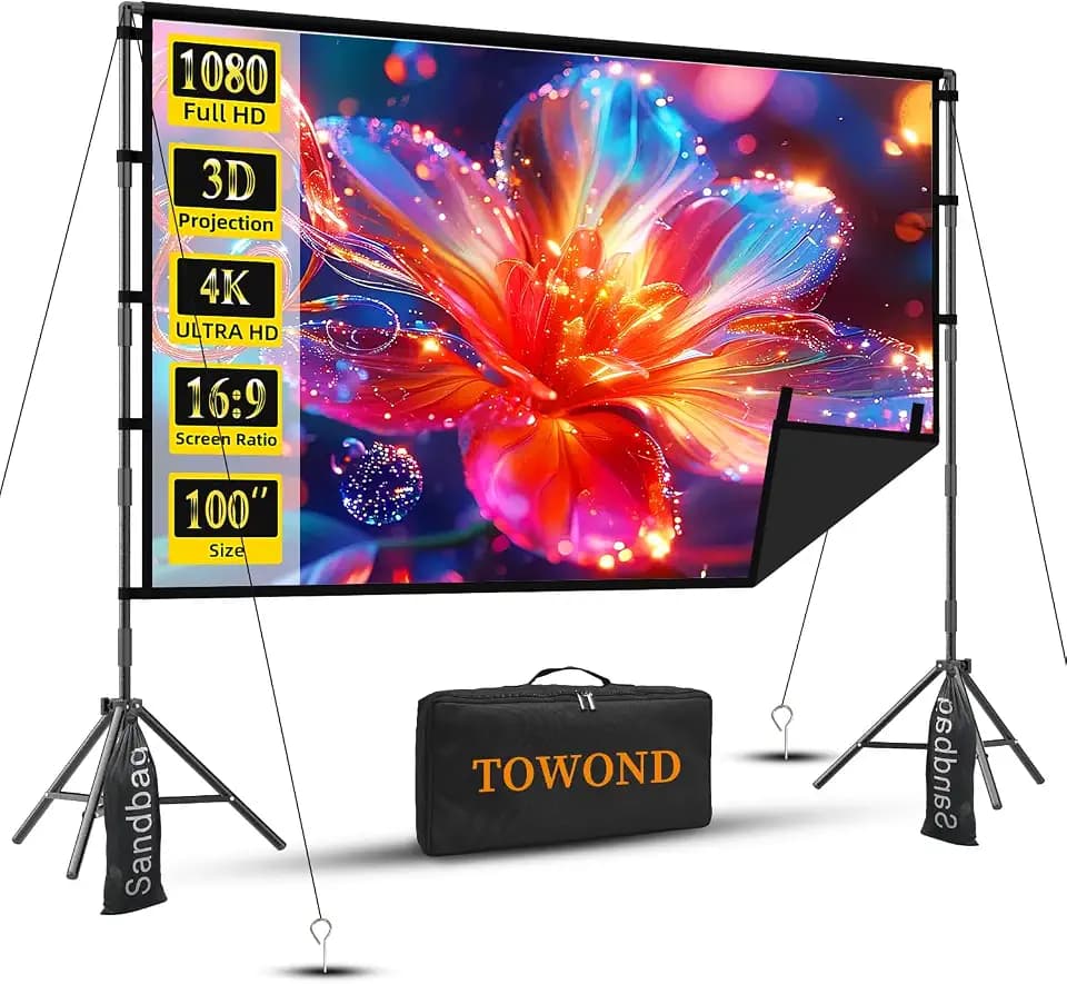 Projector Screen with Stand, TOWOND 100 inch Portable Projector Screen Black Backing, Outdoor Movie Screen 16:9 4K HD Wrinkle-Free Projection Screen with Carry Bag for Backyard Sports Viewing Parties