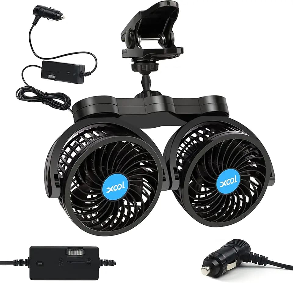 XOOL Clip Car Fan, Adjustable Dual Head 4 Inches 12V Fan for Front/Rear Seat Passenger, 360° Rotatable Electric Car Cooling Fans with Stepless Speed Regulation for SUV, RV, Vehicles
