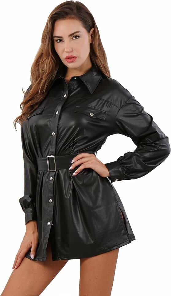 MISS NOIR 205401 Damen Wetlook HemdKleid Clubwear Sexy Minikleid Lederlook Partykleid