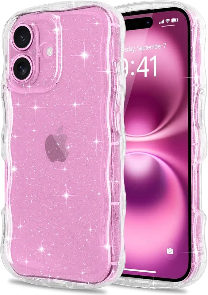 Pepmune for iPhone 16 Case Clear Glitter Curly Wave Edge, Clear