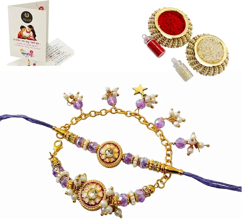 Luxury Handmade Bhaiya Bhabhi Rakhi Gift Set | Premium Traditional Floral Charm & Royal Purple Beads Couple Rakhi with Roli, Chawal & Raksha Bandhan Greeting Card | Elegant Designer Rakhi Combo for Brother & Sister-in-Law