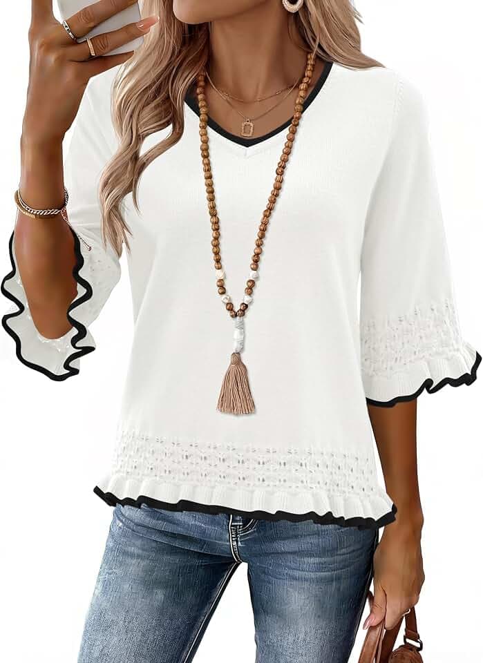 LOMON Womens Sweaters 3/4 Length Sleeve Womens Tops V Neck Peplum Sweater