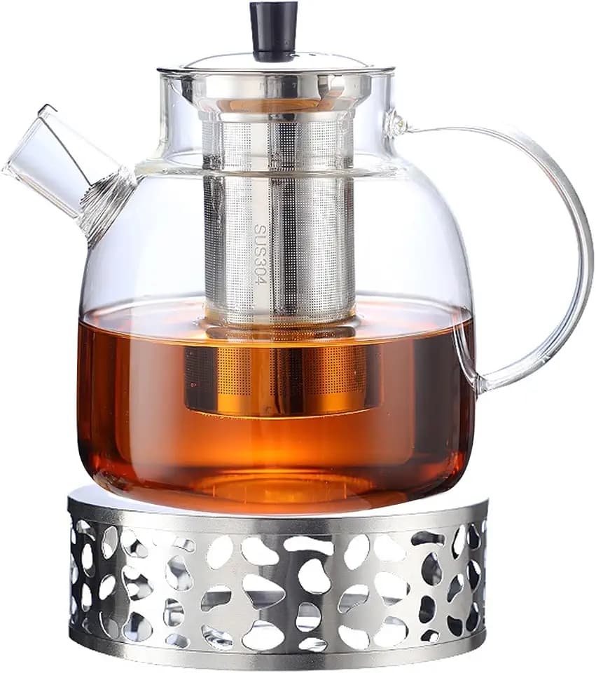 Glasteekanne mit Heizstövchen & Siebensatz – 1500ML Hitzebeständiges Teeset aus Klarem Glas mit Edelstahl-Teesieb, Ideal für Teeservice zu Hause oder mit Freunden