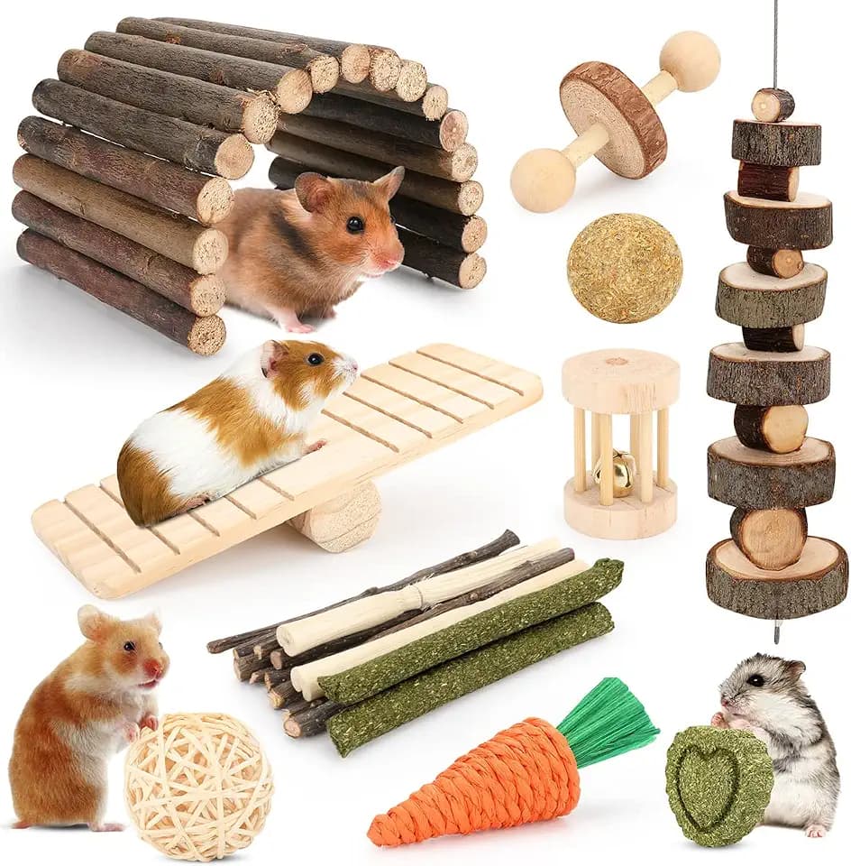 Hamster Toys Guinea Pig Toys Hamster Wheel Hamster Cage Accessories Small Animal Molar Chew Toys for Chinchillas,Gerbils,Mice,Rats,Mouse,Rabbit,Bunny Hideout Seesaw (12 Different chew Toys)