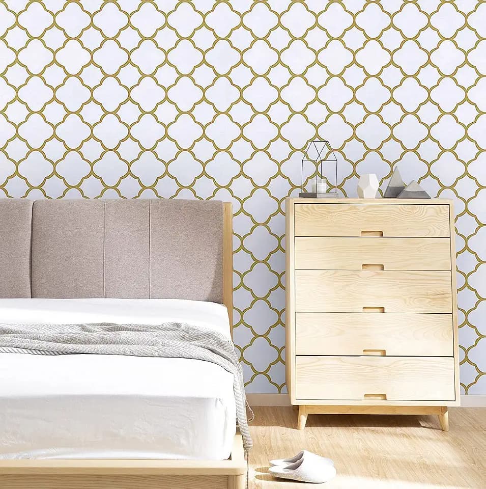 Safiyya 393"x17.7" Peel and Stick Wallpaper White Gold Contact Paper Self-Adhesive Removable Wallpaper Modern Trellis Gold Peel and Stick Wallpaper for Bedroom Kitchen Vinyl Roll