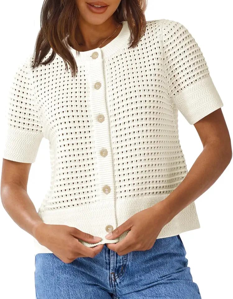Saodimallsu Womens Crochet Short Sleeve Cardigans Summer Beach Sweater Top