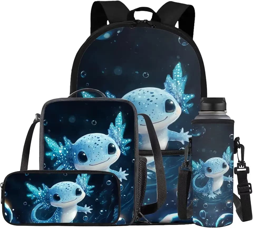 Gomyblomy Blue Axolotl Backpack for Girls 6-8 8-10 Kawaii Girls Backpack with Lunch Box Large Capacity 4 Pcs School Bookbag Set for Kids Elementary Kindergarten Daypack Travel Rucksack