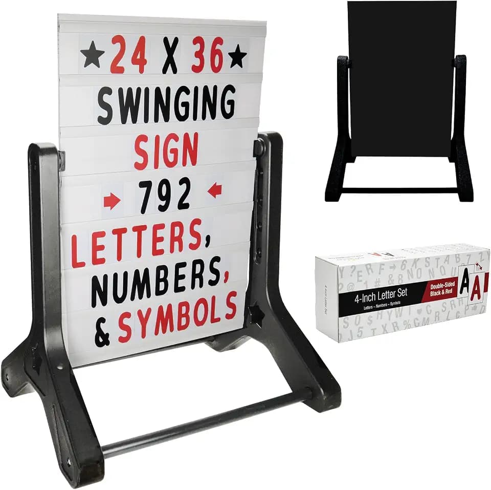 Swinging Changeable Message Sidewalk Sign: 24" x 36" Sign with 792 Pre-Cut Double Sided Letters and Storage Box. Includes Black Board & Letter Board (Black Color Legs)