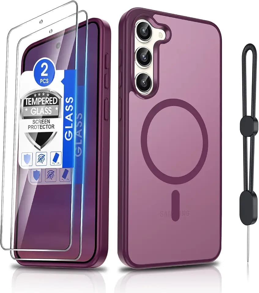 Dizn Magnetic for Samsung Galaxy S23 Case:[Not Fit S23+],with 2 Tempered Glass Screen Protector,Compatible with MagSafe, with Strap,Matte Translucent Cover & Military Grade Protection S 23, Wine Red